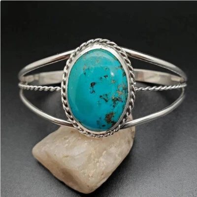Black Friday Blue Turquoise Gemstone 925 Sterling Silver Handmade Bracelet Cuff - Image 1 of 4