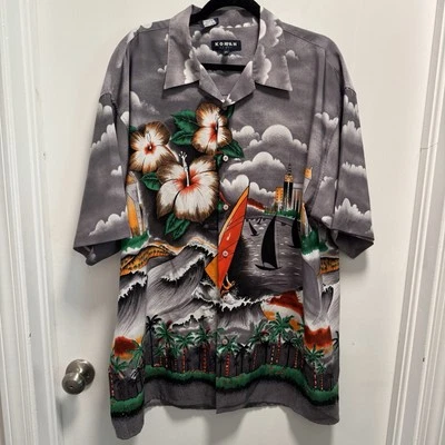 Koman Sport 短袖夏威夷全图案大洋城衬衫男式 XL 码 — 第 1/4 张图片