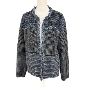 Chico's 2 L Structured Tweed Fringe Open Sweater Jacket Cardigan Blue Black Grey - Picture 1 of 13