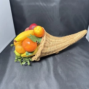 Wicker Cornucopia w Plastic Fruit Arrangement, 11” Long, 5” Tall, Horn Of Plenty - Bild 1 von 7