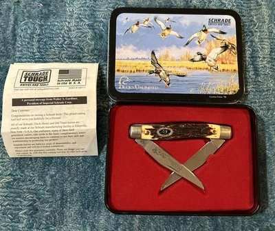 Cuchillo Schrade Ducks Unlimited Buzzsaw Trapper 2002 EE. UU. con embalaje Foto 1 de 4