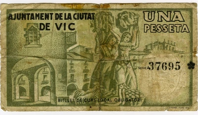 # SPAIN CIVIL WAR 1937 • VIC • 1 PESETA MUNICIPAL ☆ GUERRA CIVIL ESPAÑOLA ☆D1746 - Image 1 of 2