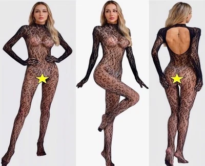 Sexy Fishnetz Dessous Leopard Print Ganzkörper Strumpf Bodystocking Catsuit - Bild 1 von 4