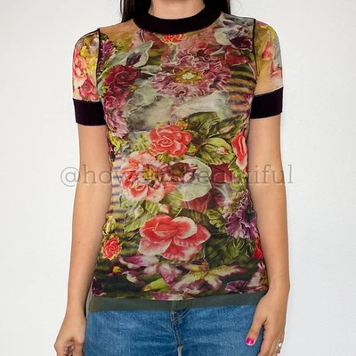 复古 2000 年代 Jean Paul Gaultier Soleil 条纹花卉网眼上衣,尺寸 M  — 第 1/4 张图片