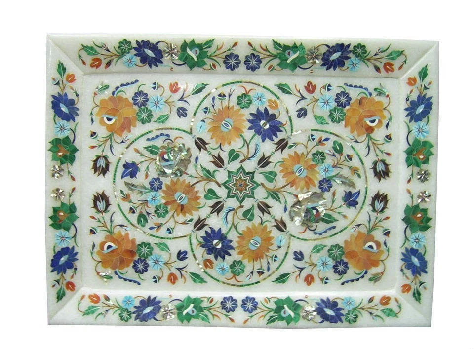 Bandeja Mármol Marquetería Incrustación Floral Semi Preciosa Trabajo Hogar Decorativo Foto 1 de 1