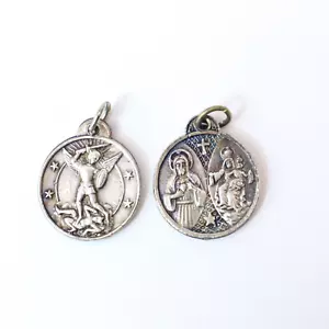 Vintage Religious Medal Pendant Charm St Michael Killing The Evil Madonna Heart - Picture 1 of 10