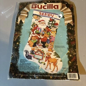 Vtg Bucilla Santa’s Woodland Friends Stocking Name Cross Stitch 82919 Sealed ‘91 - Bild 1 von 4