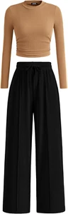 Casual 2 Piece Sets for Women Fall Outfits Ribbed Knit Long Sleeve Crop Top Wide - Picture 1 of 12