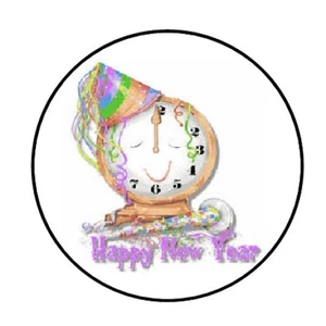 48 HAPPY NEW YEAR CLOCK ENVELOPE SEALS LABELS STICKERS 1.2" ROUND - Picture 1 of 1