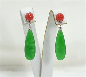 Ohrringe aus Gold Weiß 18 KT Mit Rote Koralle Sardegna Und Tropfen Jade Obht 094 - Bild 1 von 3