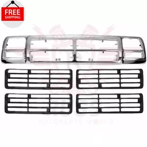 New Outer Grille Shell Chrome & Grill Inserts For 1991-1993 Dodge D150 D250 D350 - Picture 1 of 8