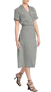 DAVID LAWRENCE Cerys Stripe Wrap Green White Pockets Dress Size 6 8 - Picture 1 of 11