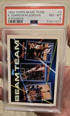 1992 TOPPS BEAM-TEAM #3 K.JOHNSON / M.JORDAN(HOF)/ D.RODMAN(HOF) PSA NM-MT 8 - Image 1 of 4