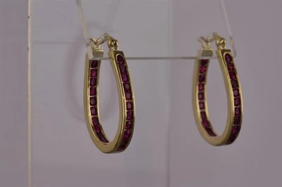 Gold Sterling Silver 31mm x 23mm Channel Set Red Ruby Tapered Hoop 925 Earrings - Image 1 of 4