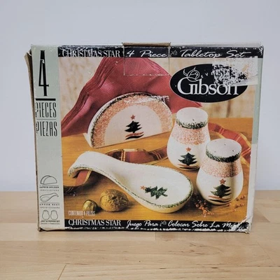 Juego de mesa vintage Gibson Christmas Star 4 piezas soporte para servilletas S&P reposacuchara Foto 1 de 4