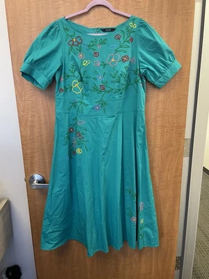 Женское платье eShakti, размер 18, трапециевидное с карманами, бирюзовое, с цветочной вышивкой - Изображение 1 из 4