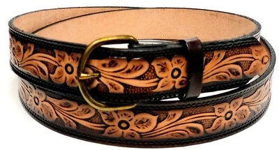 Cinturón para mujer con flores tostadas y marrones, 1 1/2" de ancho, cuero genuino vendedor de EE. UU., H. mecanizado  Foto 1 de 4