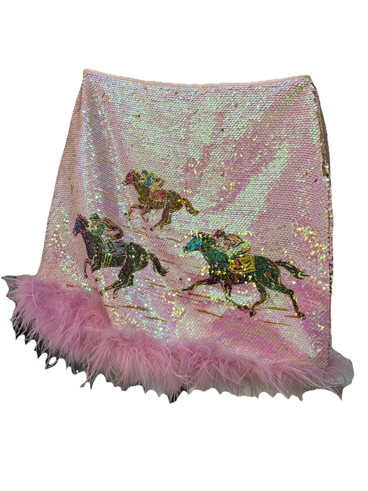 Minifalda Judith March Jockey Racehorse Rosa Lentejuelas Rosa Borde Pluma L Fiesta Foto 1 de 4