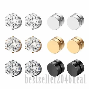 6 Pairs CZ Polished Stainless Steel Non-Piercing Magnetic Ear Studs Earrings - Picture 1 of 8
