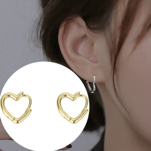 Women Girl 925 Silver Plated Heart Shape Plain Huggie Hoop Earrings 15mm TH1 - Picture 1 of 7