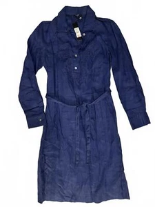Talbots 100% Linen Beaded Collared Navy Blue Dress Removable Slip Tie Belted 8P - Picture 1 of 8