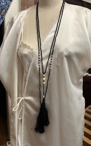 Vintage Pair Of Black Beaded Faux Pearl Necklaces Tassels - Picture 1 of 9