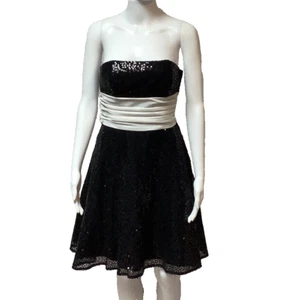 Betsey Johnson Black Sequin Strapless White Bow Tulle Evening Cocktail Dress Sz6 - Picture 1 of 11