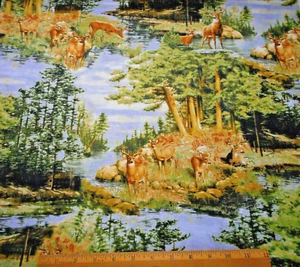 Quilt Fabric 5/8 Yard CLEARANCE Deer Lake Trees Log Cabin Scenic Cotton #C - Picture 1 of 2