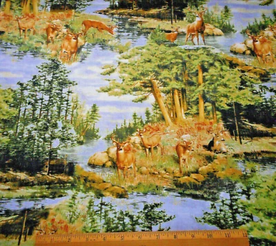 Quilt Fabric 5/8 Yard CLEARANCE Deer Lake Trees Log Cabin Scenic Cotton #C - Image 1 of 2