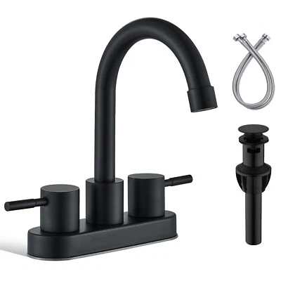 HURRAN Black 4in Centerset Bathroom Sink Faucet 3 Hole Vanity Mixer 2 Handle with Drain