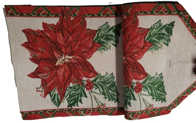 AMERICAN LINEN Long Tapestry Table Runner (16" x 72") WINTER, CHRISTMAS POINSETTIA FLOWERS, AL