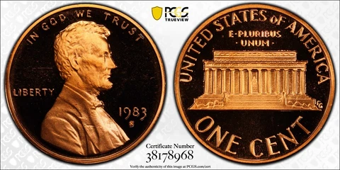 1983-S 1c Lincoln Memorial Cent Proof PCGS PR70RD DCAM Cover
