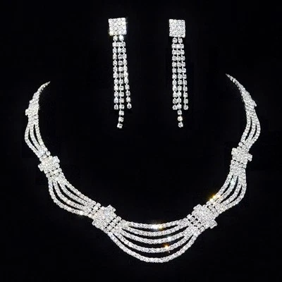 PARURE DE BIJOUX COLLIER BOUCLES D'OREILLES SOIRÉE STRASS CLAIRS "ORNEMENT" - Photo 1/3