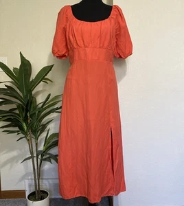 Loft Ann Taylor Dress 4P Linen Blend Midi Smocked Puff Slv Coral NEW Spring 2024 - Picture 1 of 15