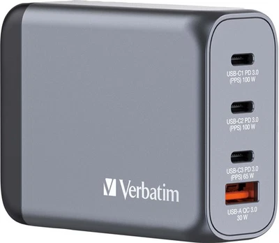 VERBATIM USB-Ladegerät 32202, 100W, 1x USB-A QC, 3x USB-C PD, grau - Bild 1 von 2