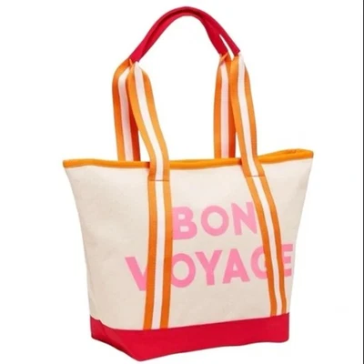 Old Navy Bon Voyage Canvas Tote Bag Red Orange Pink NEW Beach Vacation  - Image 1 of 4