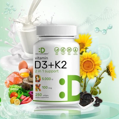 Vitamin D3 5000 IU with K2 MK7 250 Veggie Softgels Bone Immune Support - Image 1 of 4