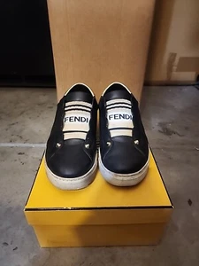 FENDI Rockoko Sneakers Slip On Scallop Beige/White/Black Gold Women Sz 7.5 / 38 - Picture 1 of 14