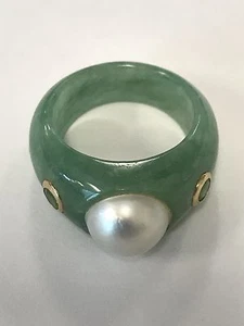 14 Karat massiver Peridot-Ring Gelbgold grüne Jade Perle  - Bild 1 von 7