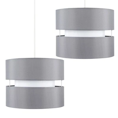 Pair of Grey Ceiling Light Shades 26cm Round Fabric Drum Pendant Lampshades - Изображение 1 из 4