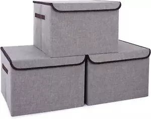 3-PK Foldable Stackable Storage Bins with Lids - Closet Organizer Boxes 17x12x12 - Picture 1 of 10