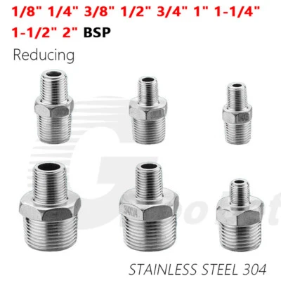 Stainless Steel Reducing Hex Nipple 1/8" - 2" BSP Male Thread Pipe Fittings 304 - Image 1 of 4