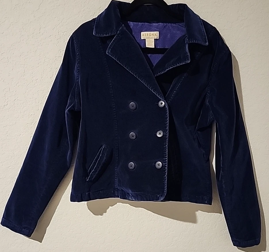 *Chaqueta de pana de terciopelo para mujer Merona talla L azul doble pecho elástica... Foto 1 de 4
