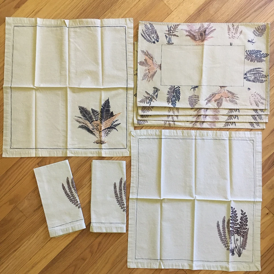 Set of 4 Placemats & Napkins Botanical Ferns Print Cotton New Natural Colors - Image 1 of 4