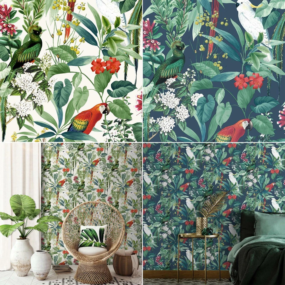 Ikala Wallpaper Tropical Leaves Flowers Exotic Birds Parrots - Blue White - Image 1 of 1