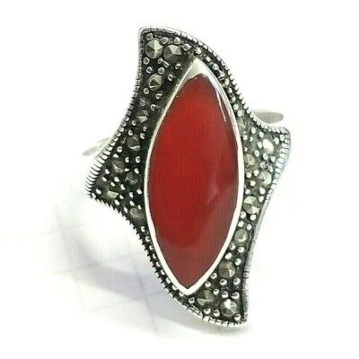 (TALLA 7) Precioso ANILLO PIEDRA CORNALINA Marcasita Plata de Ley .925 Foto 1 de 4