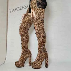 Women Over Knee Boots Platform Round Toe Side Zip Thick High Heels Boots Ladies - Picture 1 of 7