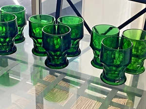 Set of 9 MCM Green Thick Glass Thumb Print Bar Glasses - Picture 1 of 5