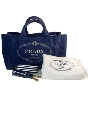 Prada Canapa Tote Logo Crossbody Strap Large Bag Gold Hardware Navy Purse - Image 1 of 4