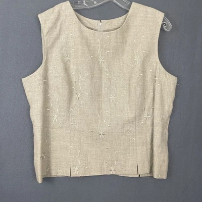 Camiseta sin mangas Jennifer Moore para mujer floral bordada de lino beige talla 18 Foto 1 de 4